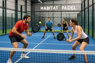 Jugadores de pádel en una cancha moderna de Habitat Padel Jugadores de pádel en una cancha moderna de Habitat Padel